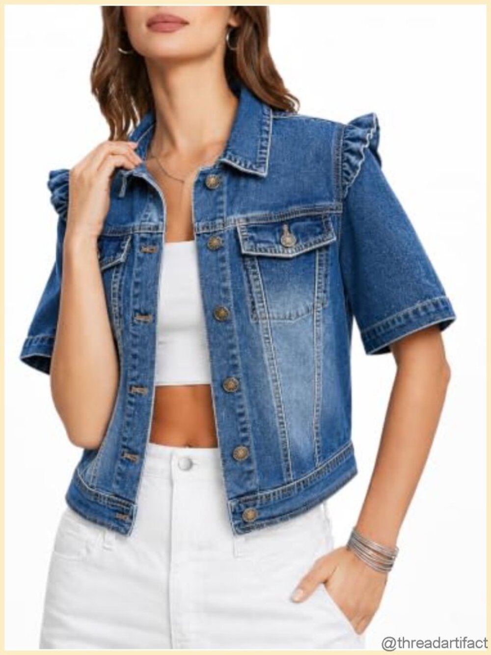 Cropped Denim Jacket Short Sleeve Ruffle Hem Chest Pockets